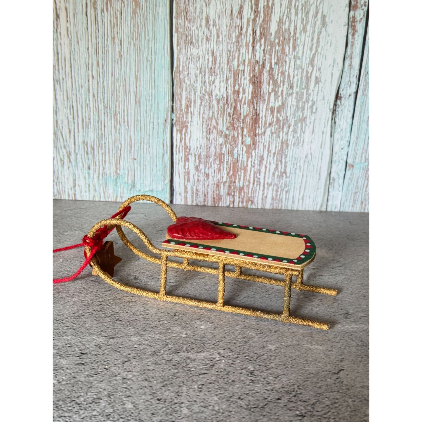 Kurt Adler Gold Sled Ornament Red Heart & Star Accents 5 3/4" Long Christmas Home Décor