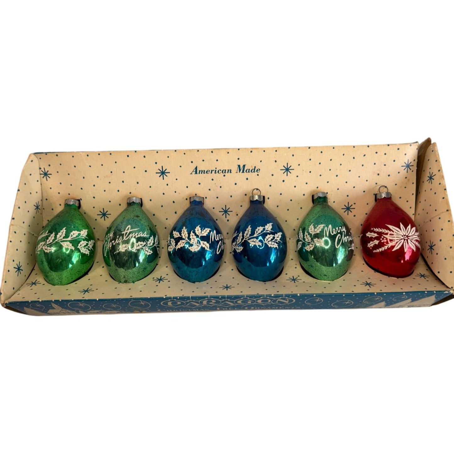 Paragon Christmas Tree Ornaments Set Green Red Blue Glass Vintage Boxed
