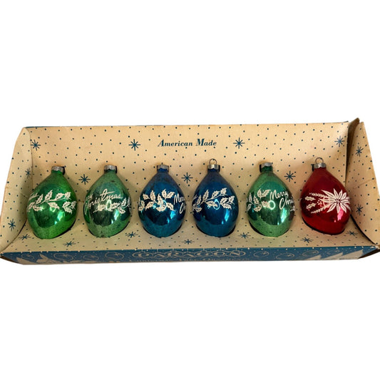 Paragon Christmas Tree Ornaments Set Green Red Blue Glass Vintage Boxed