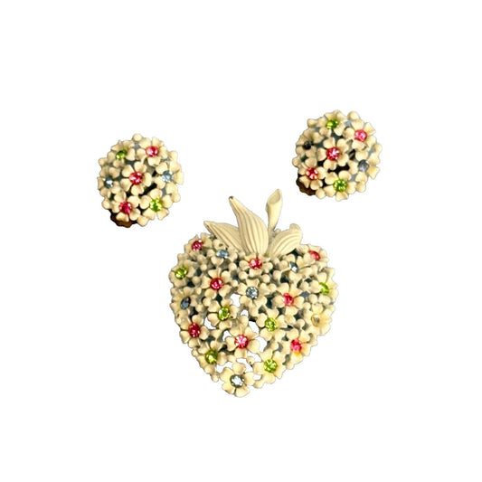 1950s White Enamel Hyacinth Flower Fruit Salad Rhinestones Brooch & Earring Rare