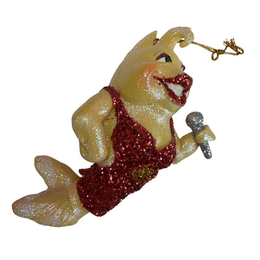 December Diamonds Diva Dolphin Ornament Red Glitter Dress Microphone 5"