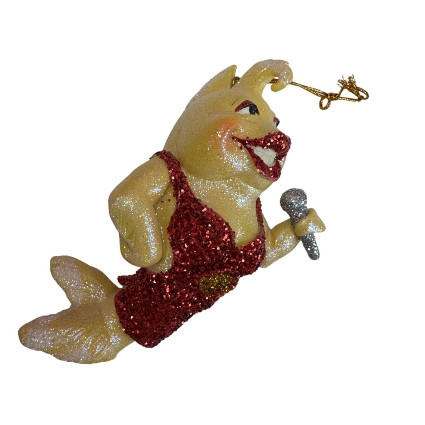 December Diamonds Diva Dolphin Ornament Red Glitter Dress Microphone 5"