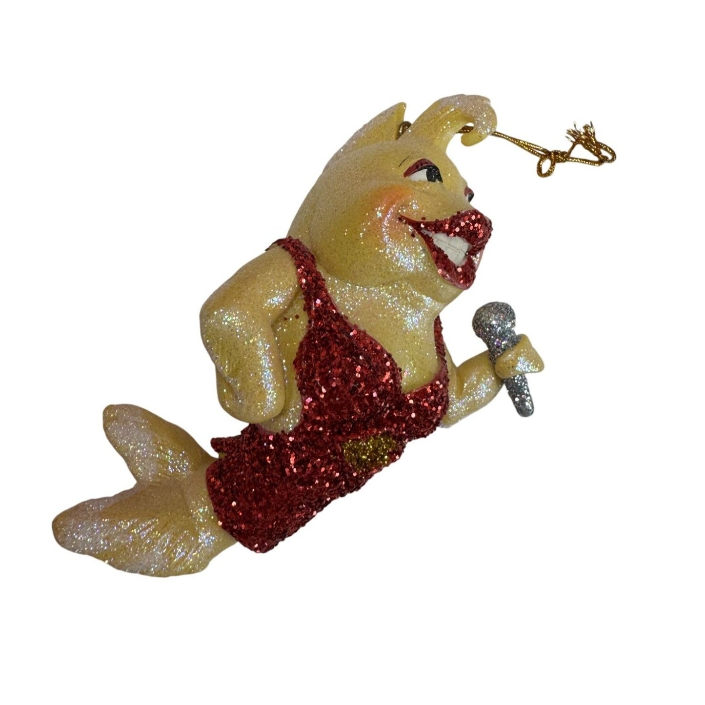 December Diamonds Diva Dolphin Ornament Red Glitter Dress Microphone 5"