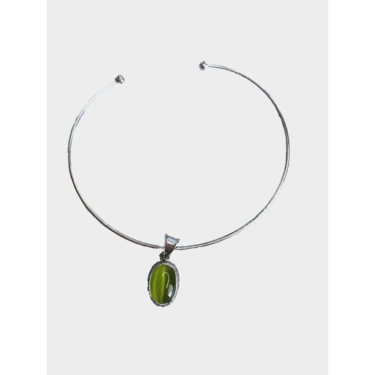Vintage Cats Eye Green Glass Sliding Pendant Silverplate Necklace 17"