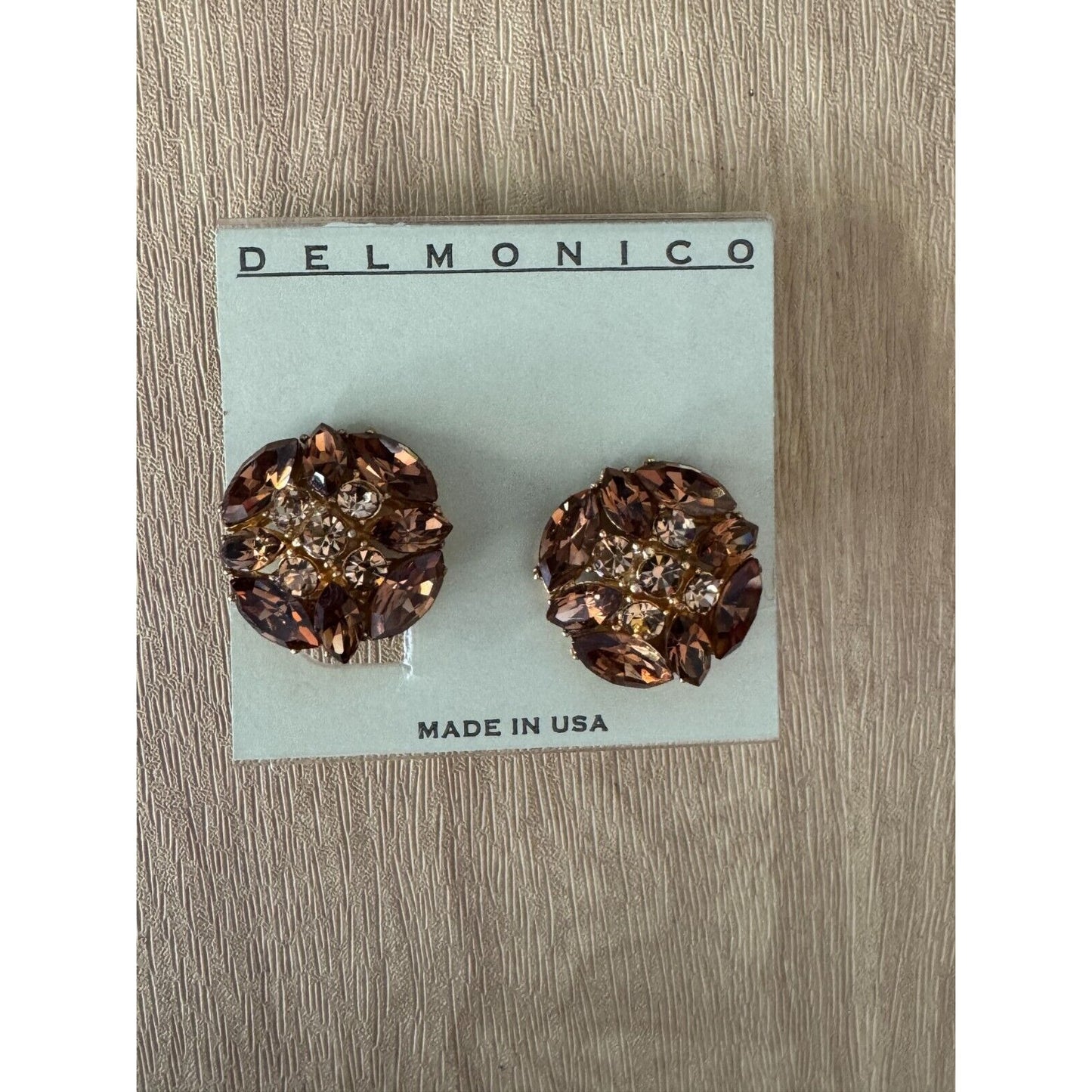 Vintage Delmonico Clip-On Earrings With Amber Rhinestones & Gold-Tone Metal