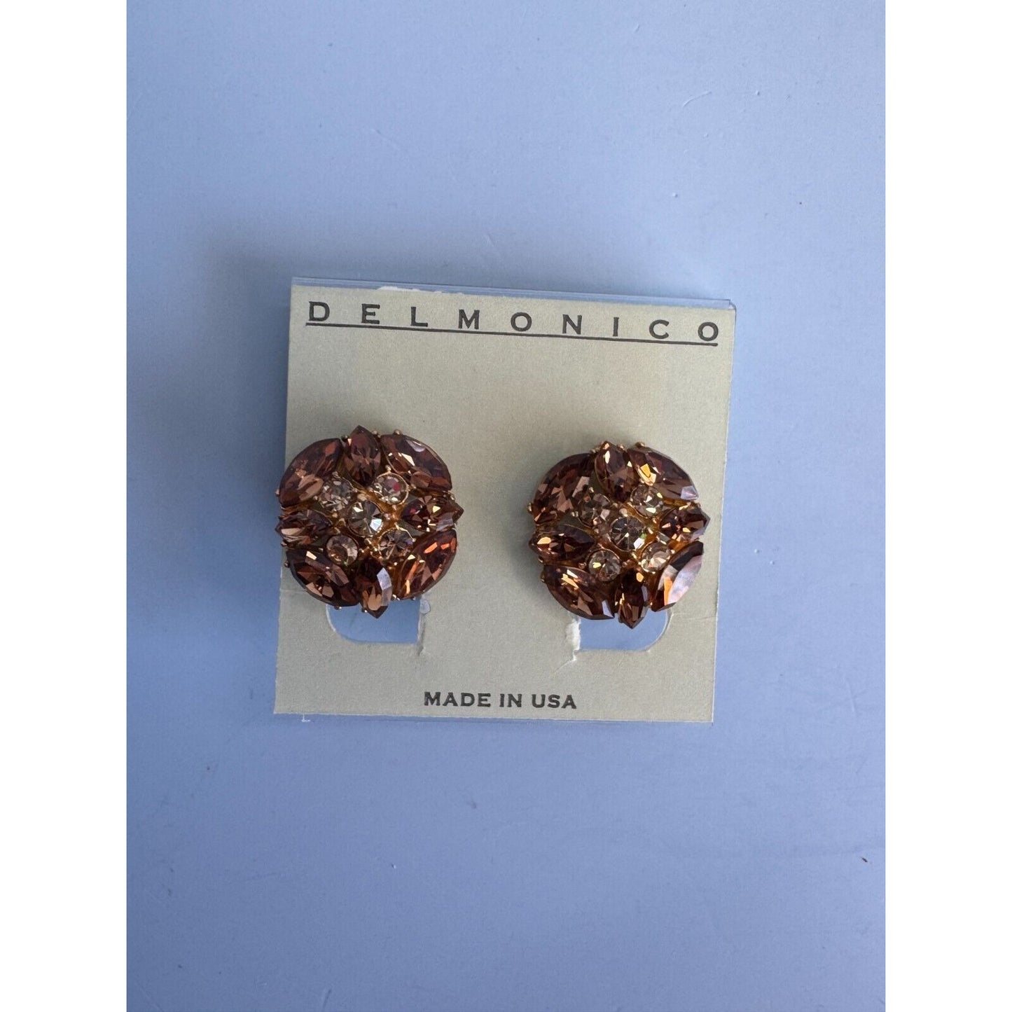 Vintage Delmonico Clip-On Earrings With Amber Rhinestones & Gold-Tone Metal