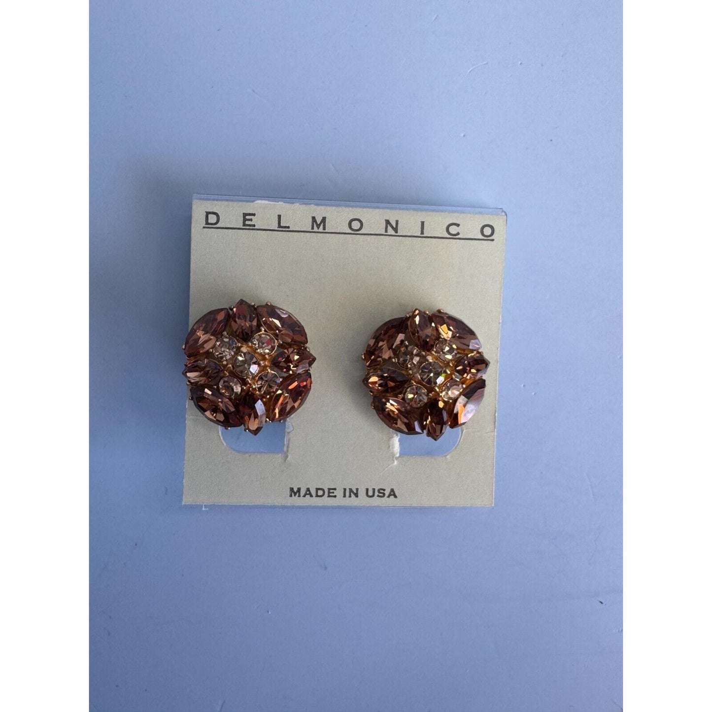 Vintage Delmonico Clip-On Earrings With Amber Rhinestones & Gold-Tone Metal