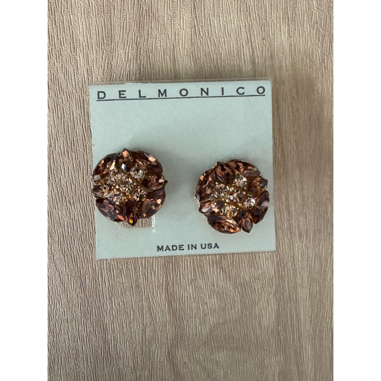 Vintage Delmonico Clip-On Earrings With Amber Rhinestones & Gold-Tone Metal