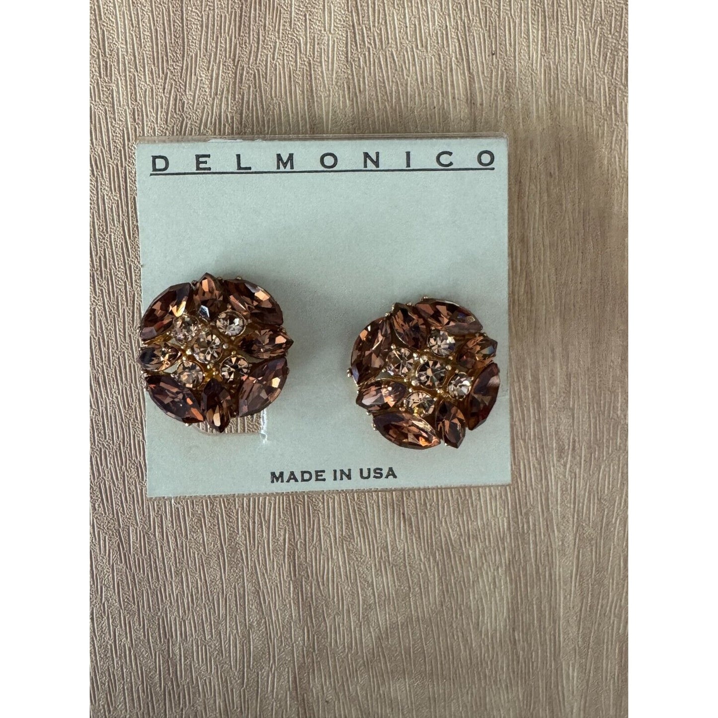 Vintage Delmonico Clip-On Earrings With Amber Rhinestones & Gold-Tone Metal