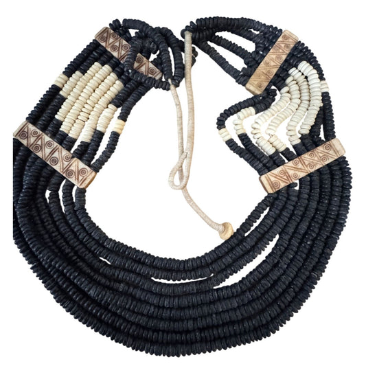 Vintage Tribal Multistrand Black White Beaded Necklace Carved Accents Southwest