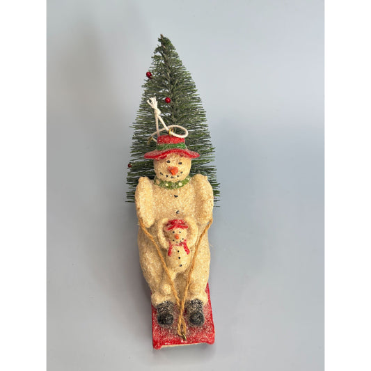 Snowman & Snowchild Sledding with Bottle Brush Christmas Tree Ornament