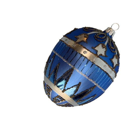 Handcrafted Blue Glass Ornament With Black & Silver Glitter Details 5" Holiday Decoration