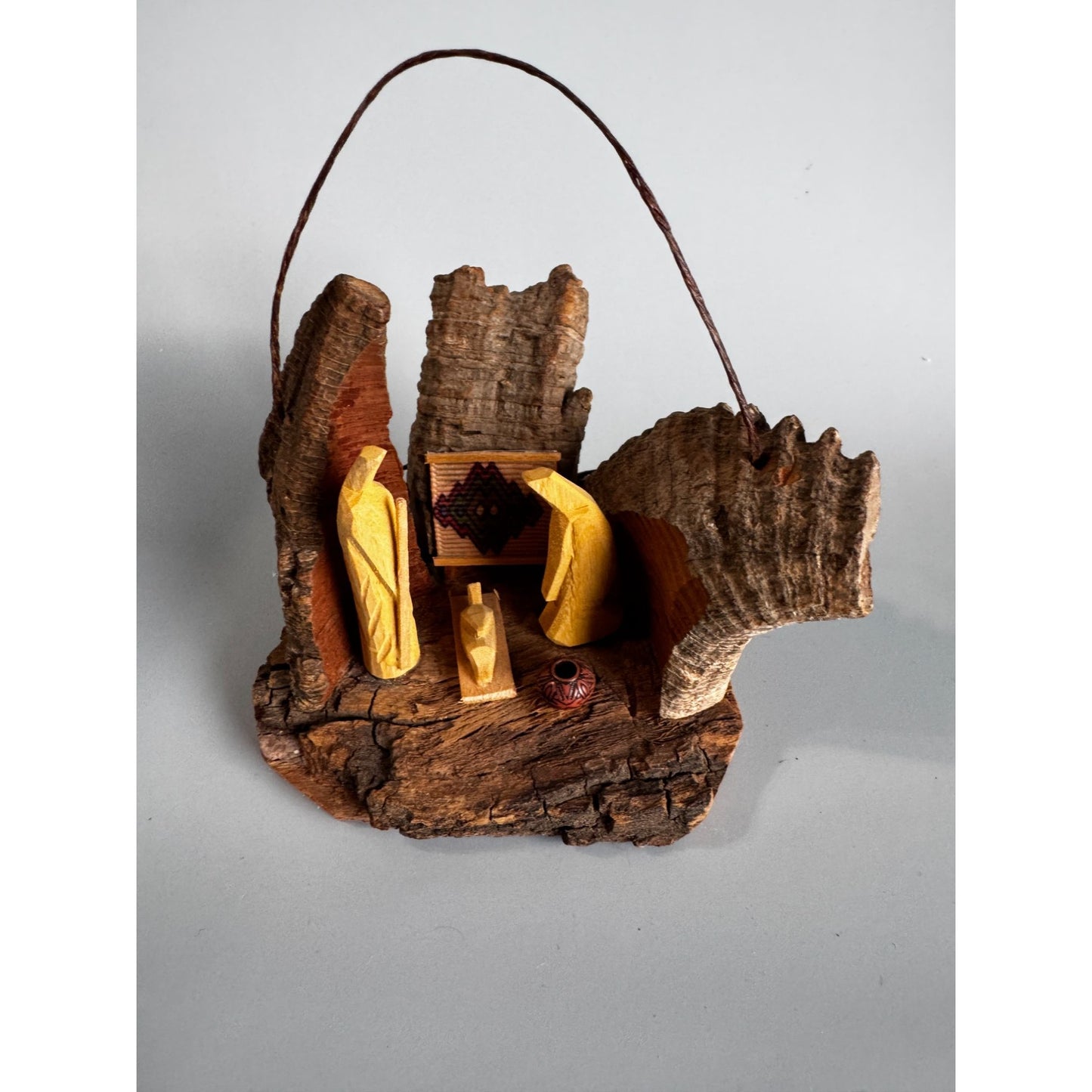 Rustic Bark Wood Mini Nativity Hand Carved Mexico Folk Art 3 Figures Ophelia 3 1/2