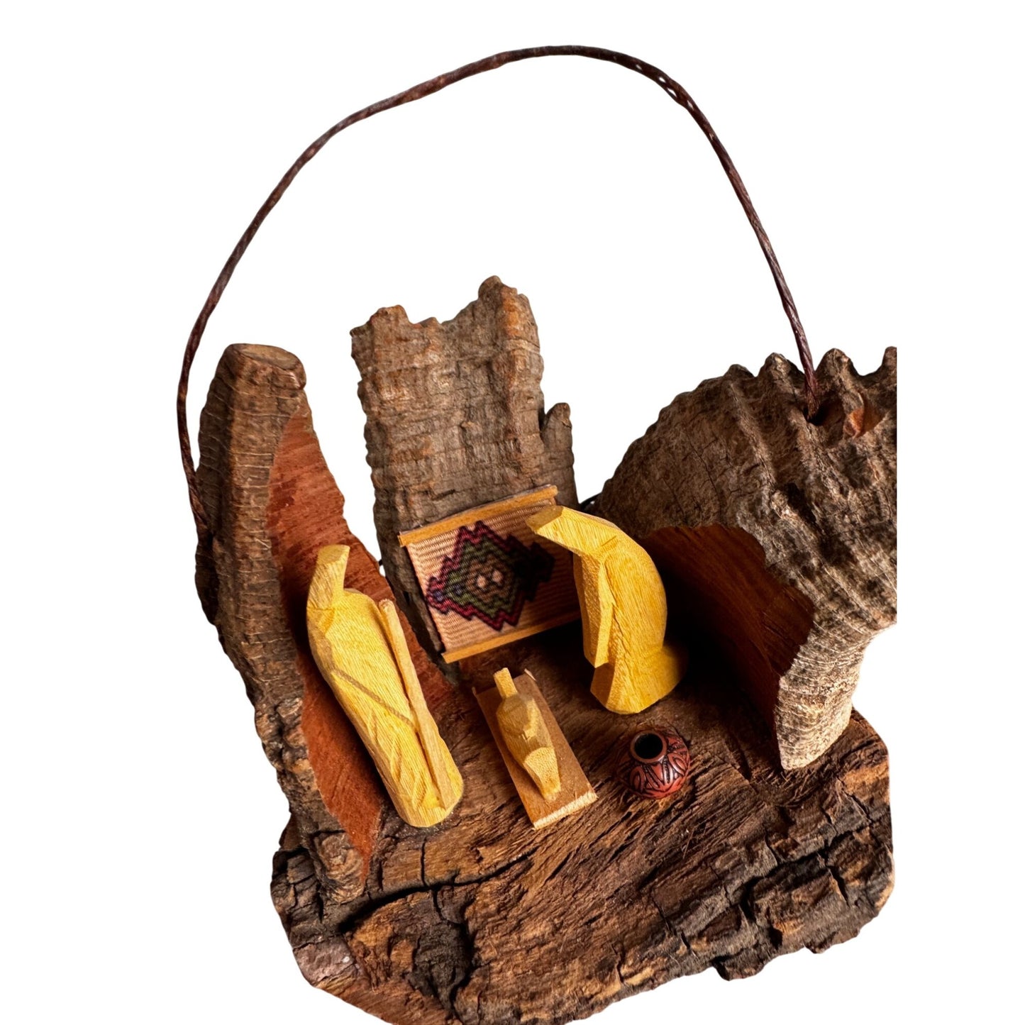 Rustic Bark Wood Mini Nativity Hand Carved Mexico Folk Art 3 Figures Ophelia 3 1/2