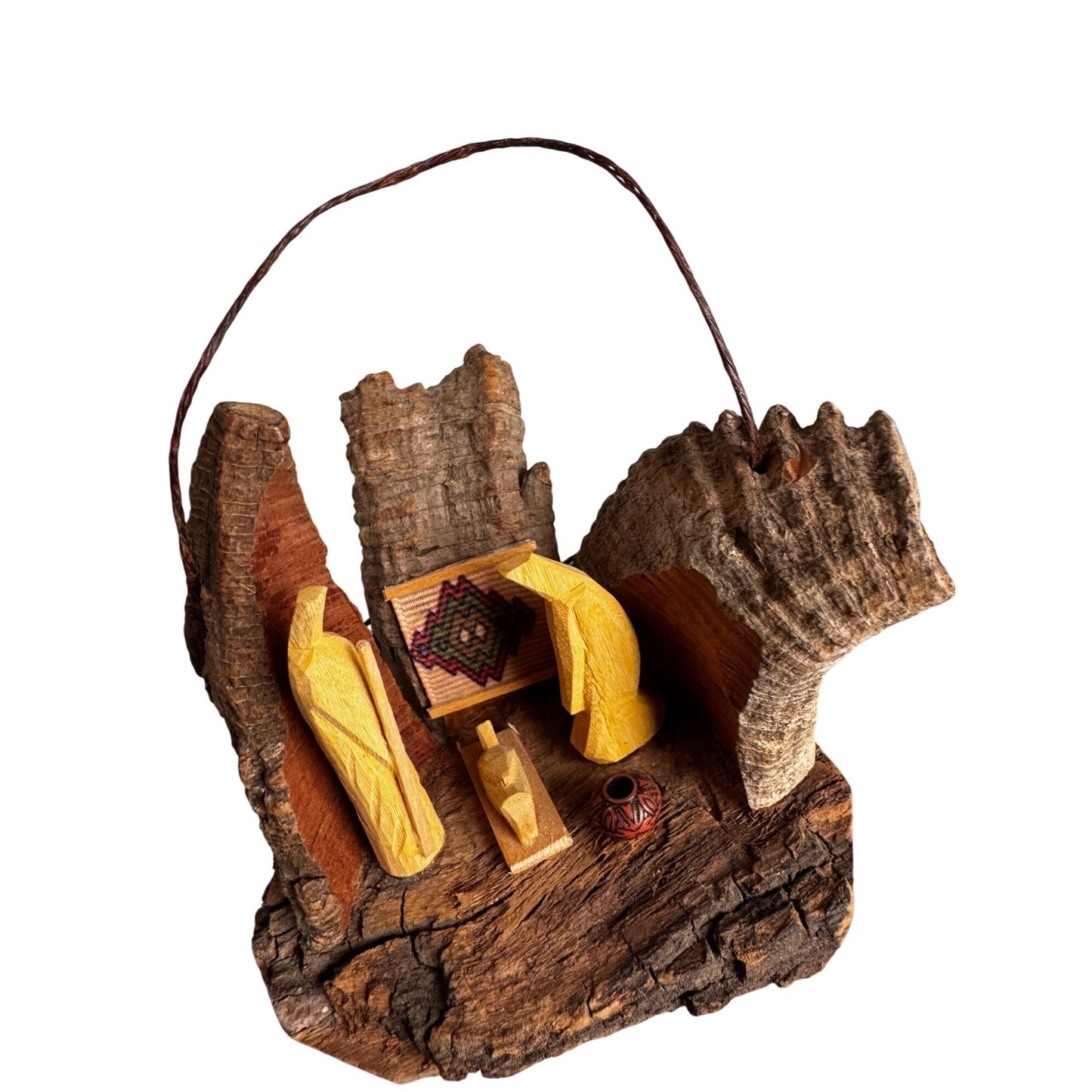 Rustic Bark Wood Mini Nativity Hand Carved Mexico Folk Art 3 Figures Ophelia 3 1/2