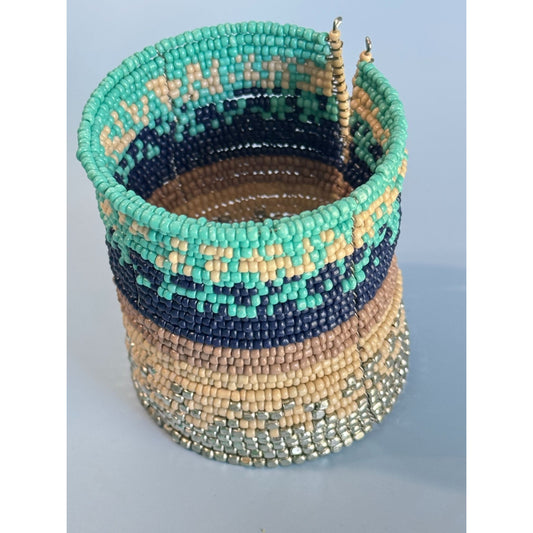 Vintage Beaded Metal Cuff Bracelet Multicolor Glass Tribal Western Design 2 3/4"