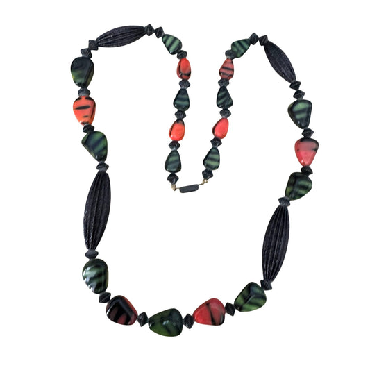 Vintage Orange Green Black Glass Beaded Necklace 22"