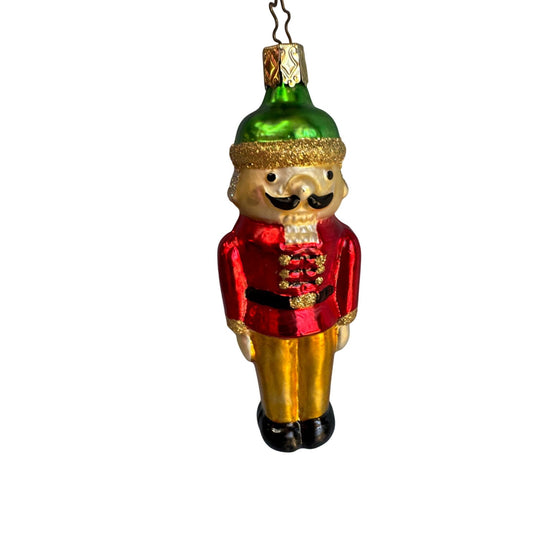 Inge Glass Nutcracker Soldier Ornament German Christmas 5" Red Gold Glass w/Box