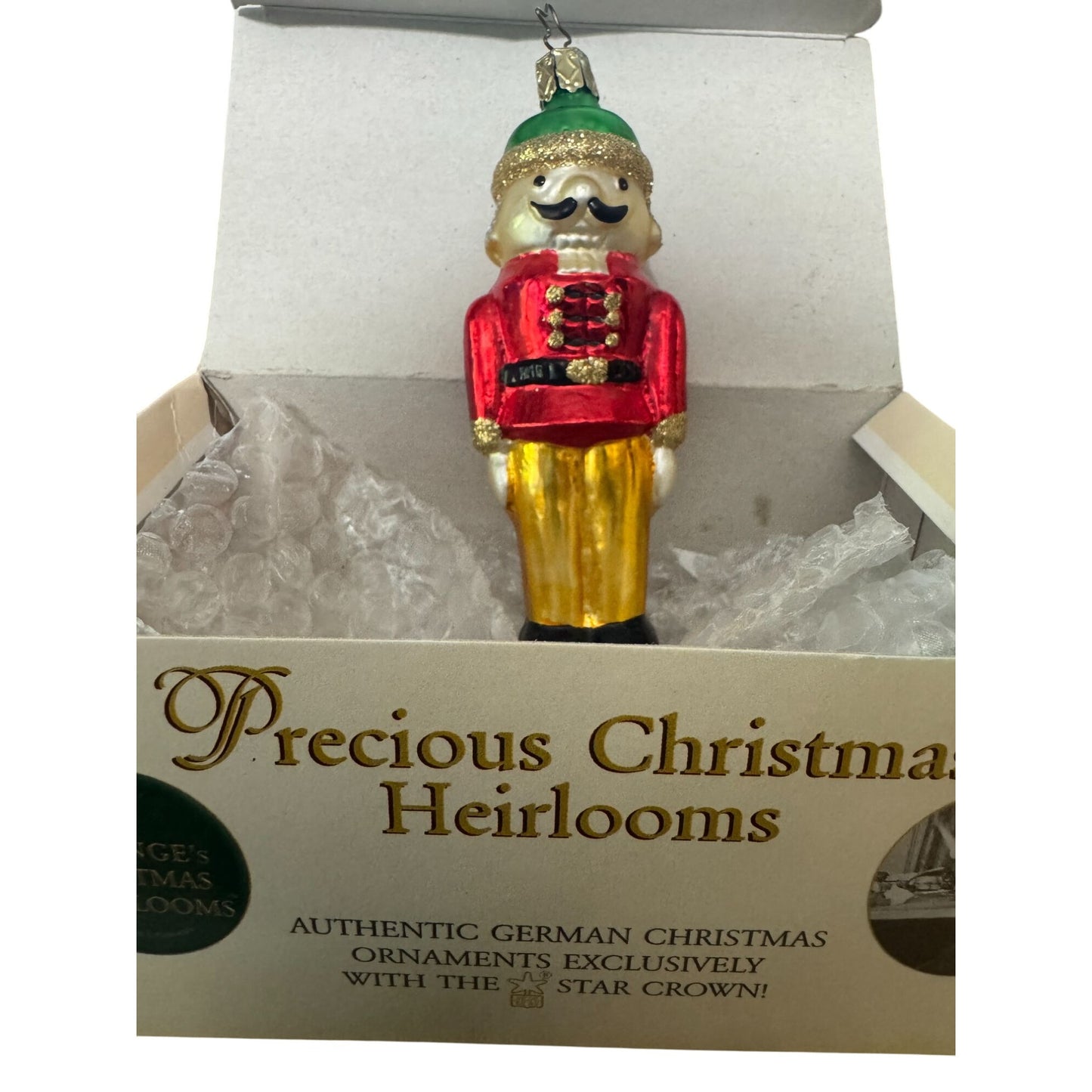 Inge Glass Nutcracker Soldier Ornament German Christmas 5" Red Gold Glass w/Box