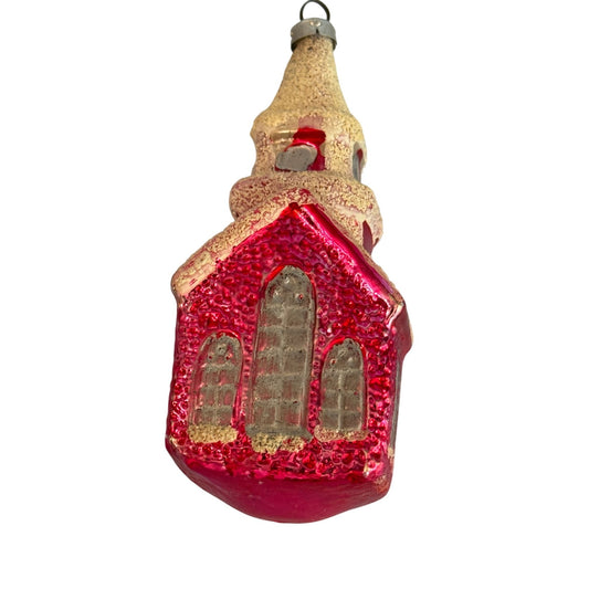 Vintage 3.75" West Germany Glass Church Ornament Red Mica Snow Steeple 1950
