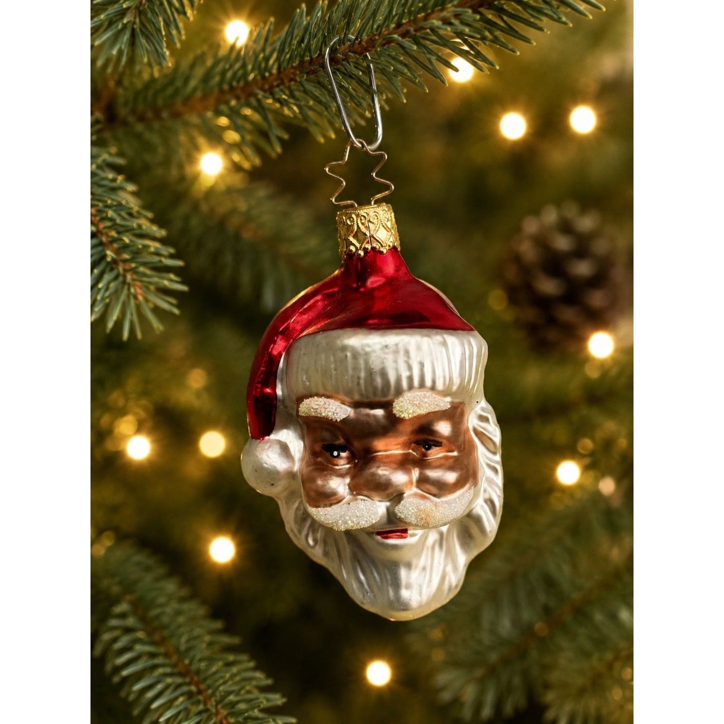Inge Glas Santa Head Ornament Red Hat Frosted Beard Germany 3"