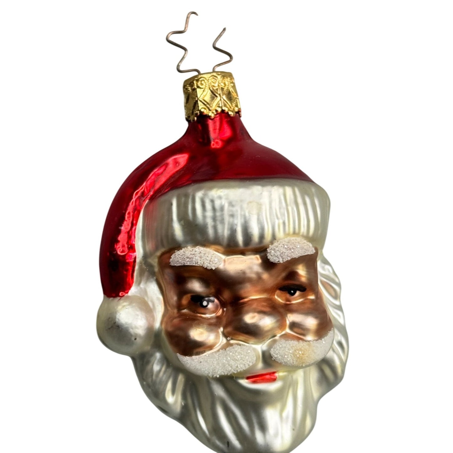 Inge Glas Santa Head Ornament Red Hat Frosted Beard Germany 3"