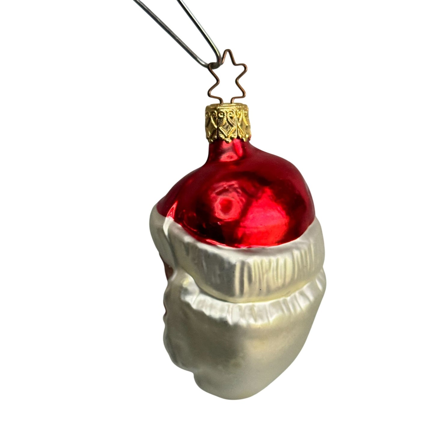Inge Glas Santa Head Ornament Red Hat Frosted Beard Germany 3"