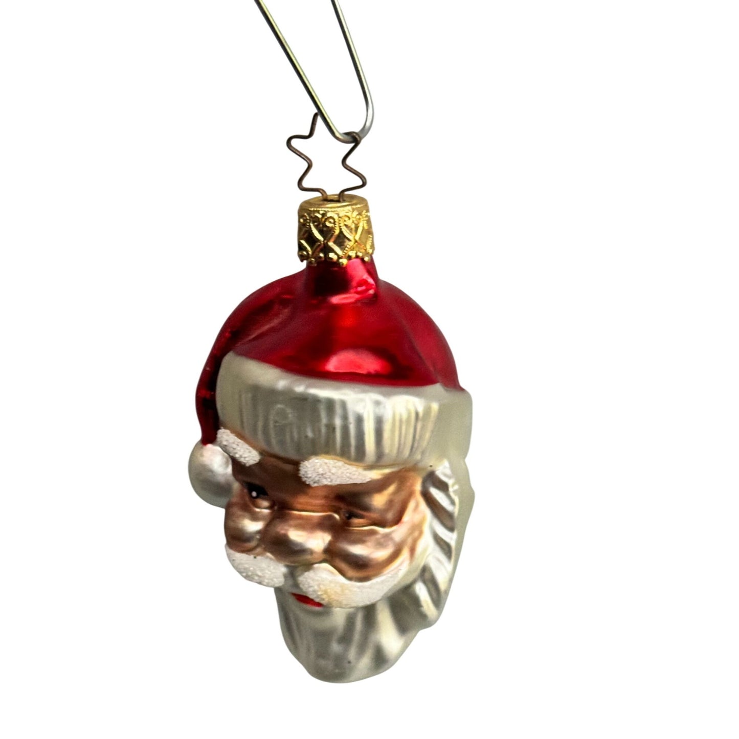 Inge Glas Santa Head Ornament Red Hat Frosted Beard Germany 3"
