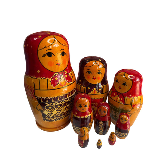 Vintage USSR Russian Matryoshka Nesting Dolls Set 9 Hand Painted 8" Stamped