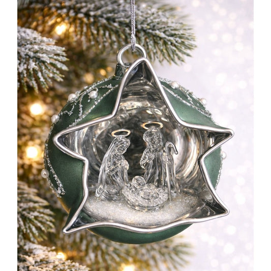 Mdina Glass Malta Nativity Ornament Green Satin Glass Pearl Glitter 3" Diorama