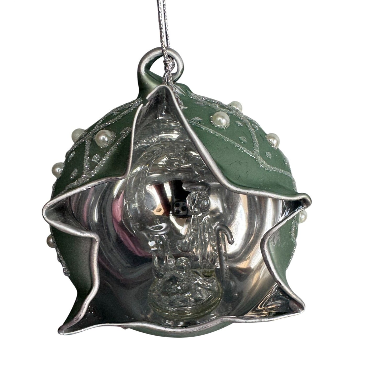 Mdina Glass Malta Nativity Ornament Green Satin Glass Pearl Glitter 3" Diorama
