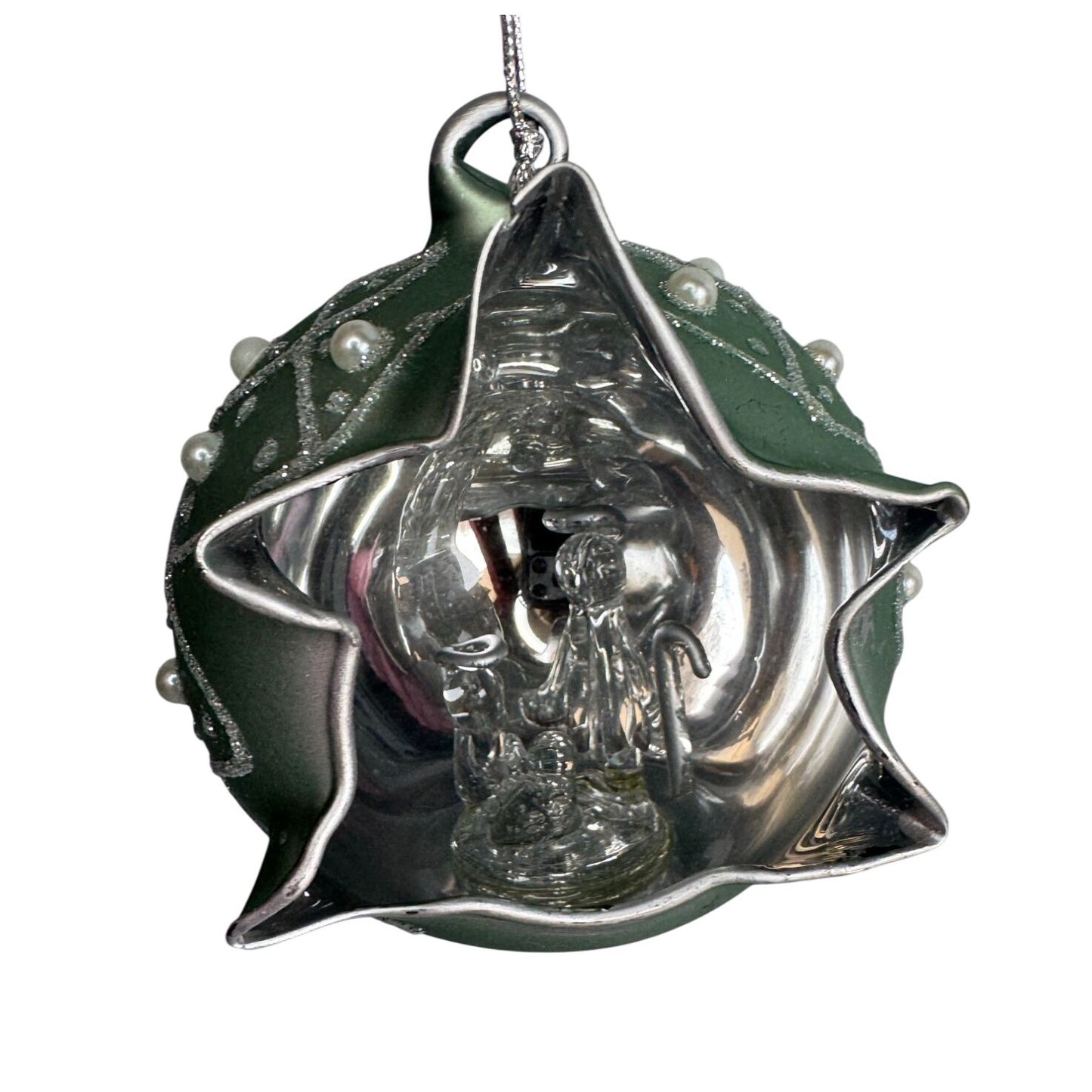 Mdina Glass Malta Nativity Ornament Green Satin Glass Pearl Glitter 3" Diorama