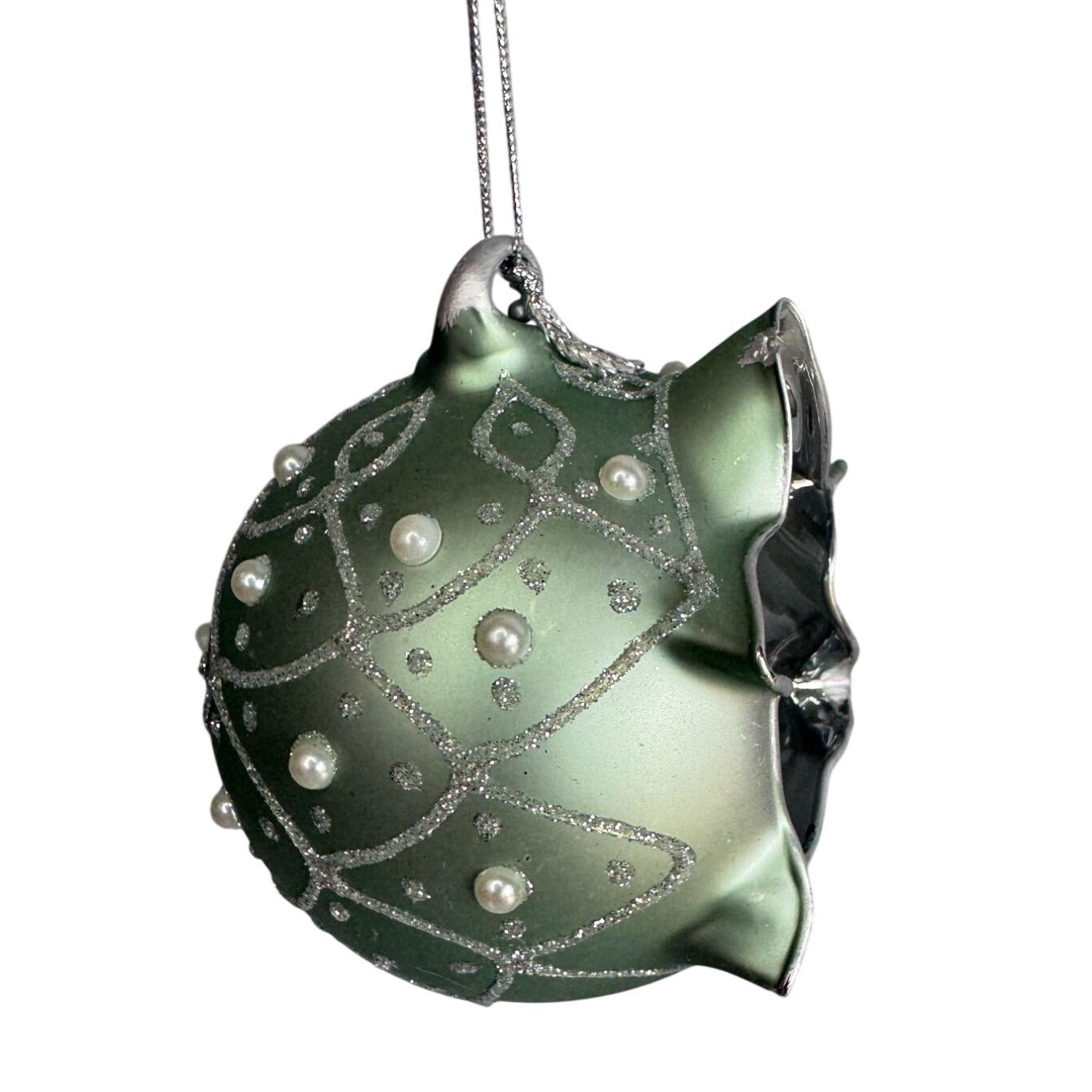 Mdina Glass Malta Nativity Ornament Green Satin Glass Pearl Glitter 3" Diorama