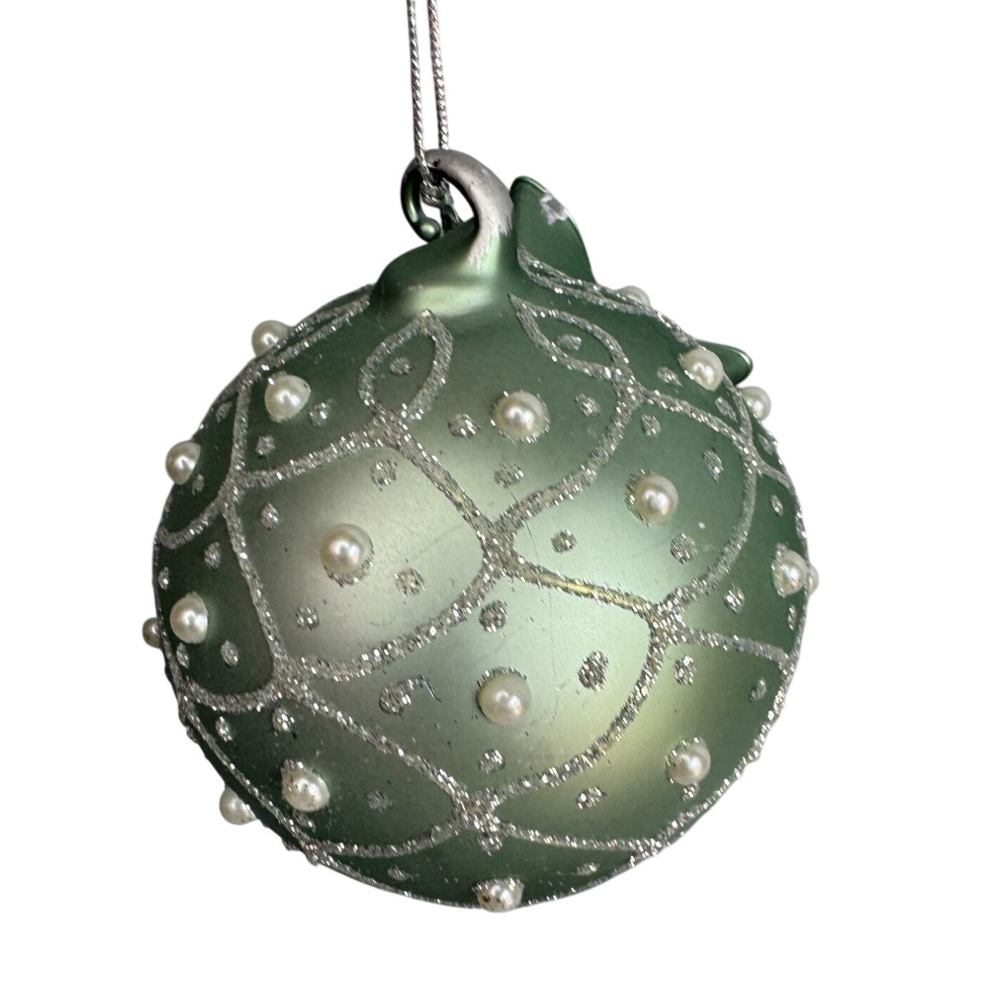 Mdina Glass Malta Nativity Ornament Green Satin Glass Pearl Glitter 3" Diorama