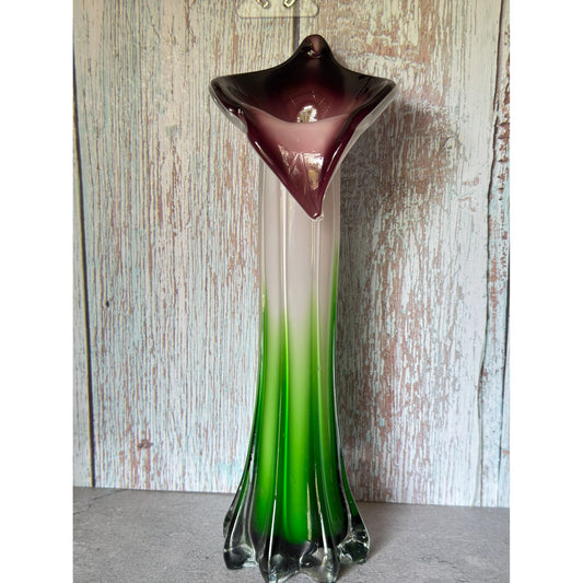 Jack-In-The-Pulpit Hand-Blown Art Glass Vase Green & White Ombre w/Purple Rim 12" Tall