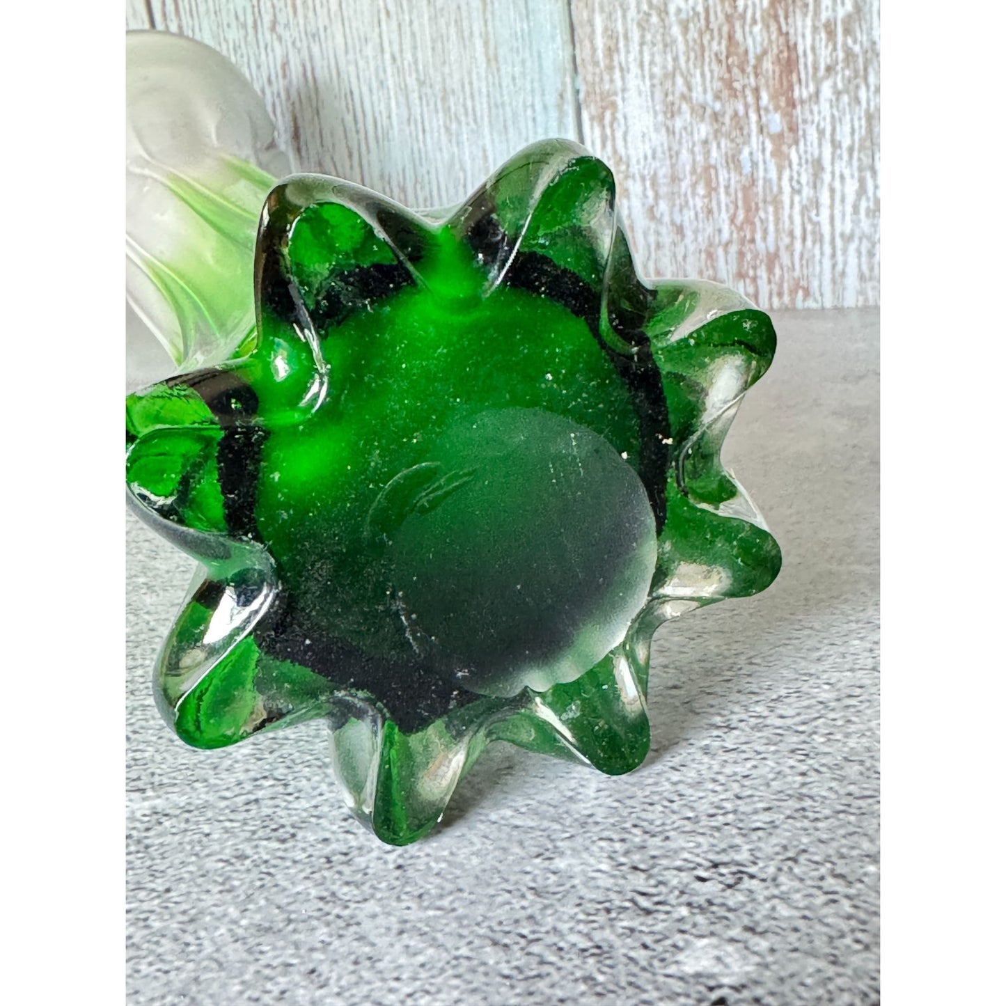 Jack-In-The-Pulpit Hand-Blown Art Glass Vase Green & White Ombre w/Purple Rim 12" Tall
