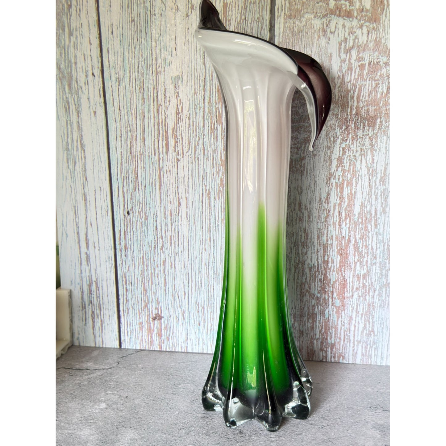 Jack-In-The-Pulpit Hand-Blown Art Glass Vase Green & White Ombre w/Purple Rim 12" Tall