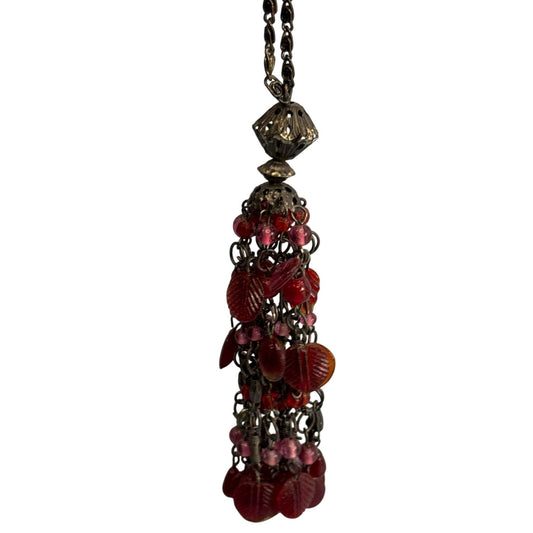 Vintage Cranberry Glass Tassel Chatelaine Drop Chain 8" Czech Glass German Made