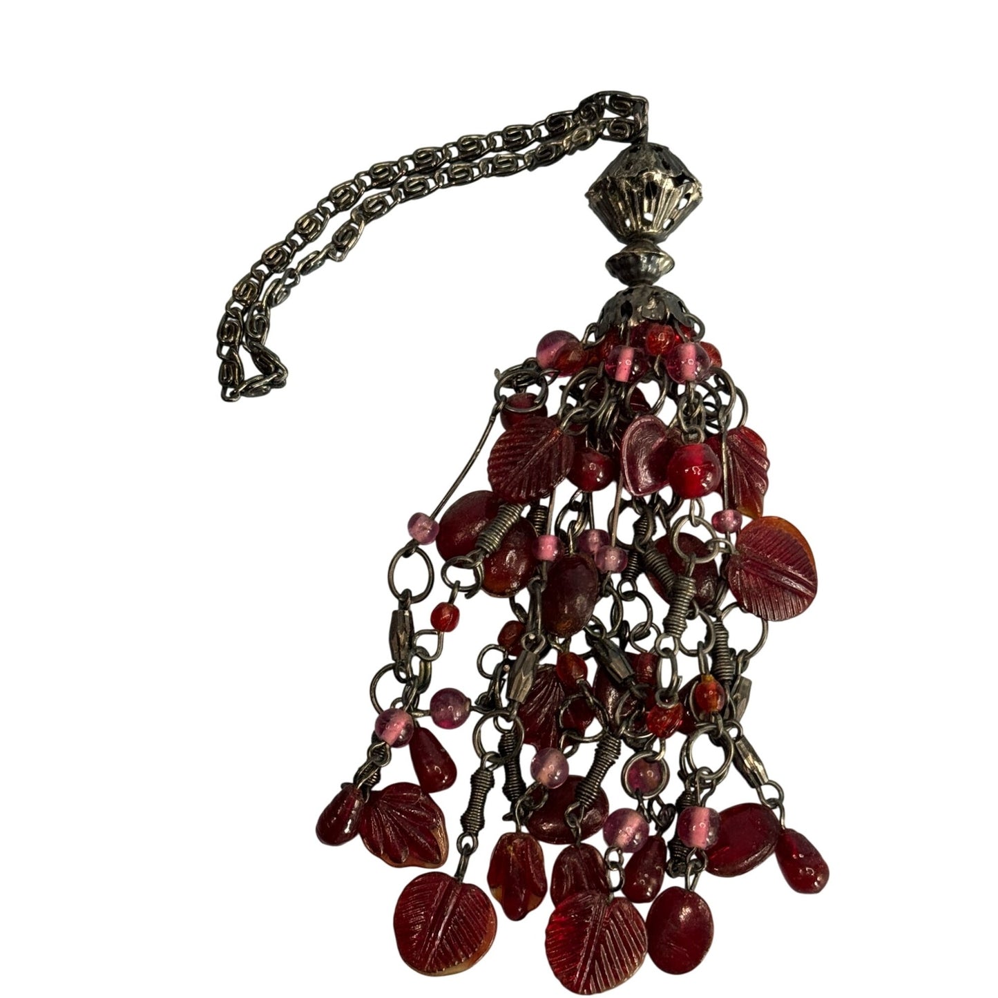 Vintage Cranberry Glass Tassel Chatelaine Drop Chain 8" Czech Glass German Made