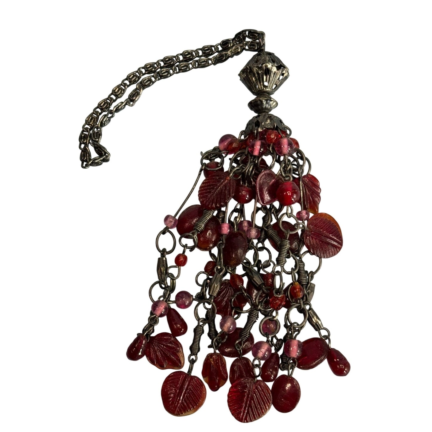Vintage Cranberry Glass Tassel Chatelaine Drop Chain 8" Czech Glass German Made