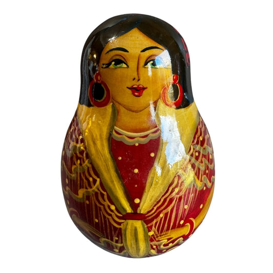 Matryoshka Roly Poly Bell Doll Hand Painted Wooden 5 1/4" Red Gold Folk Art