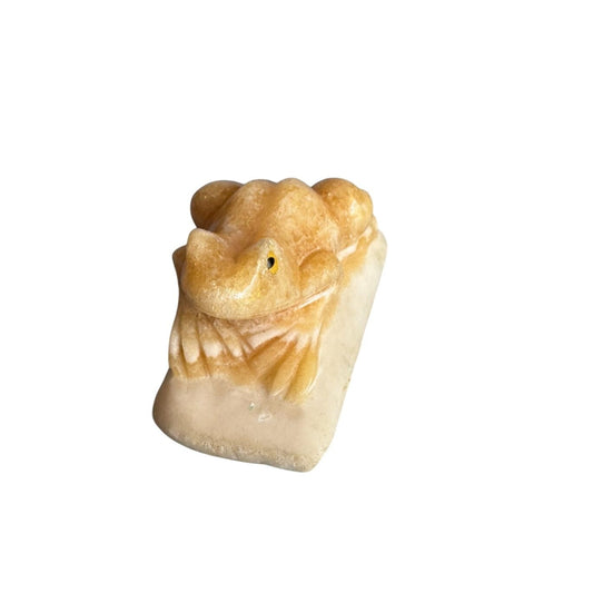 Carved Calcite Frog Figurine 3" Long Handcrafted Natural Stone Sculpture Yellow & Cream Home Decor Collectible