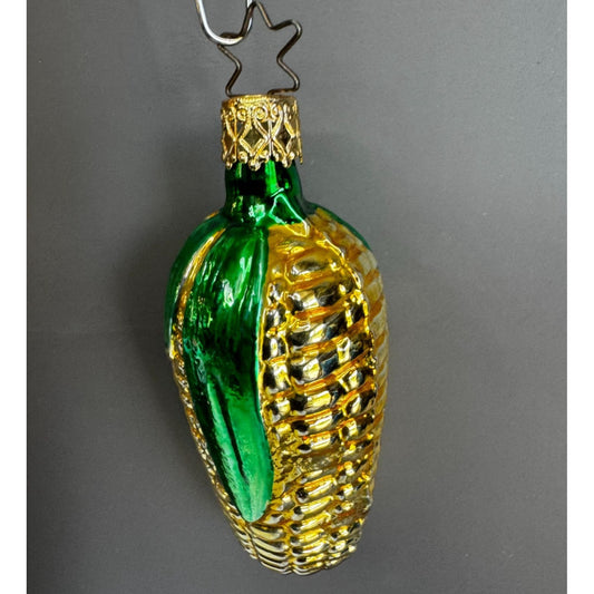Inge Glass Style Blown Glass Corn Ornament Green & Gold 4" Vintage German