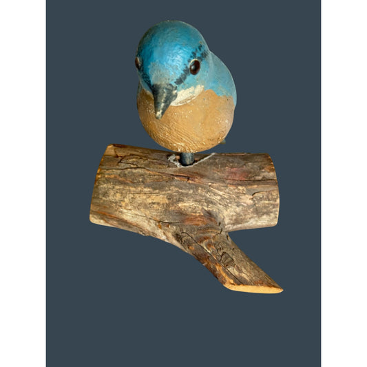 Hand-Carved Folk Art Bluebird On Rustic Wooden Perch Signed JLB 1987 5" Decor