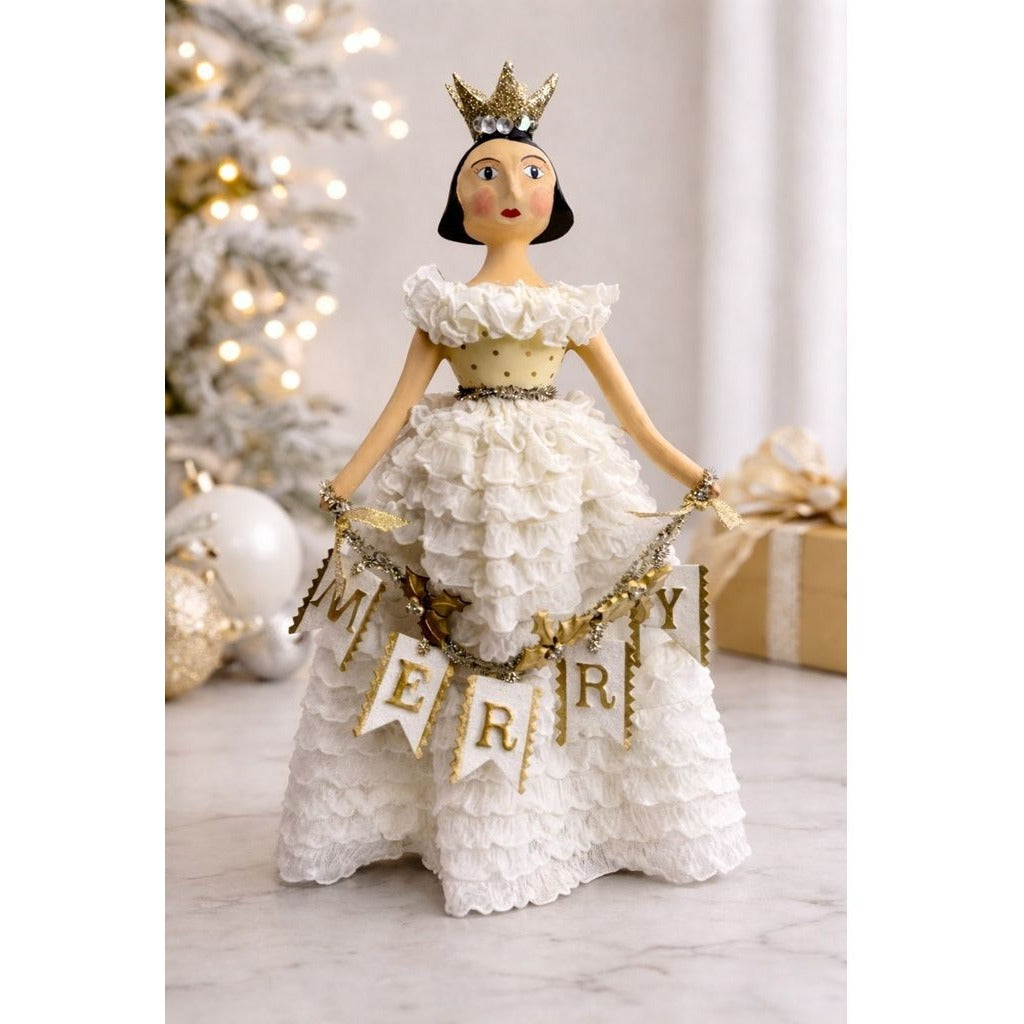 Heather Myers Christmas Queen Doll Merry Banner White Ruffle Dress 11.5" Signed