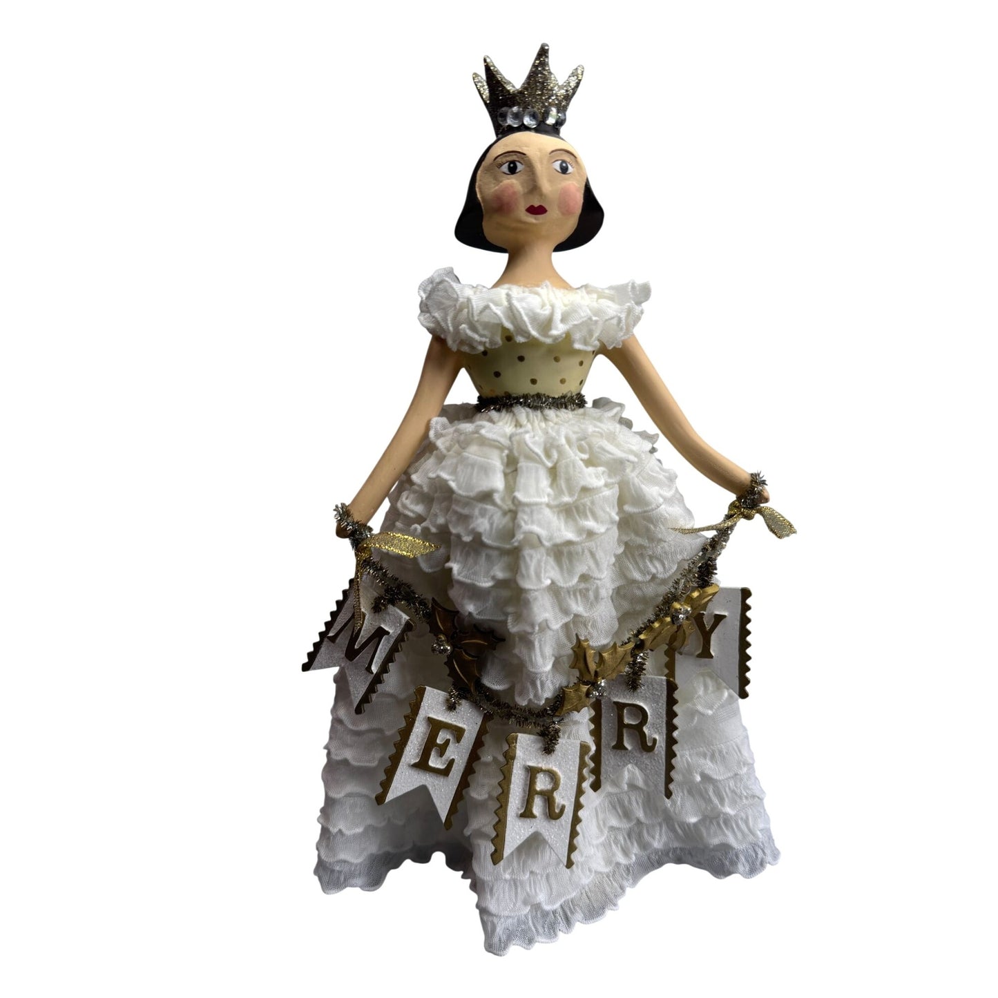 Heather Myers Christmas Queen Doll Merry Banner White Ruffle Dress 11.5" Signed
