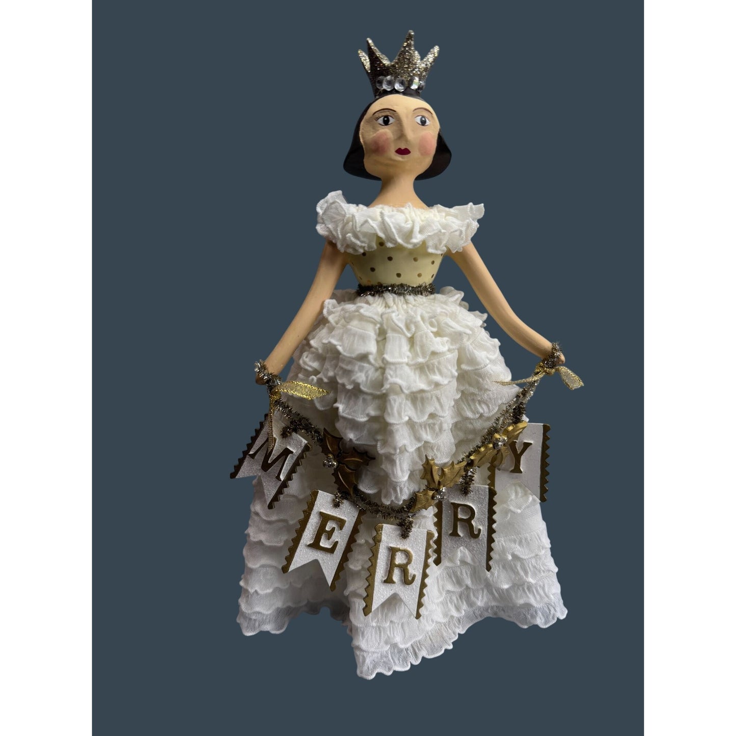 Heather Myers Christmas Queen Doll Merry Banner White Ruffle Dress 11.5" Signed