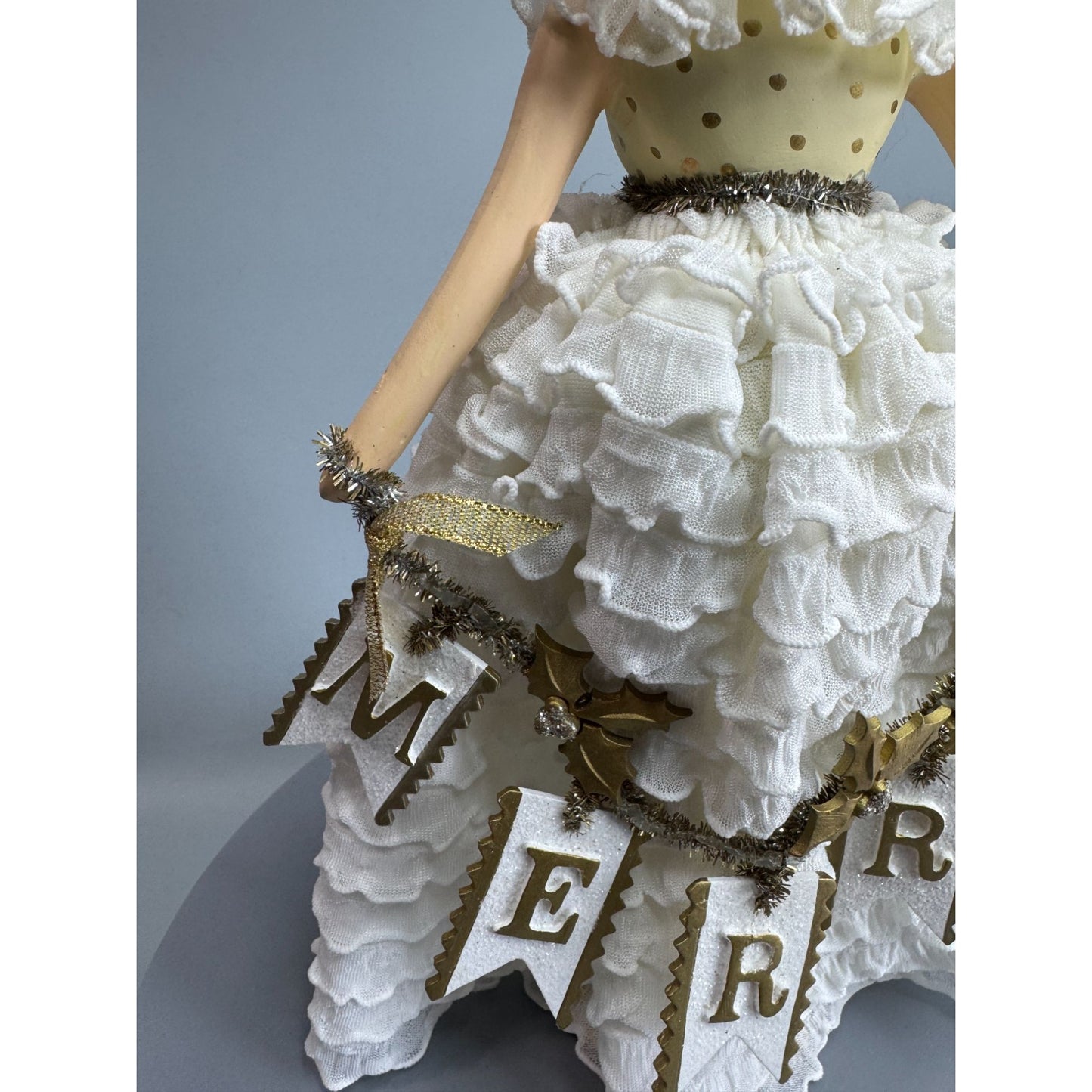 Heather Myers Christmas Queen Doll Merry Banner White Ruffle Dress 11.5" Signed