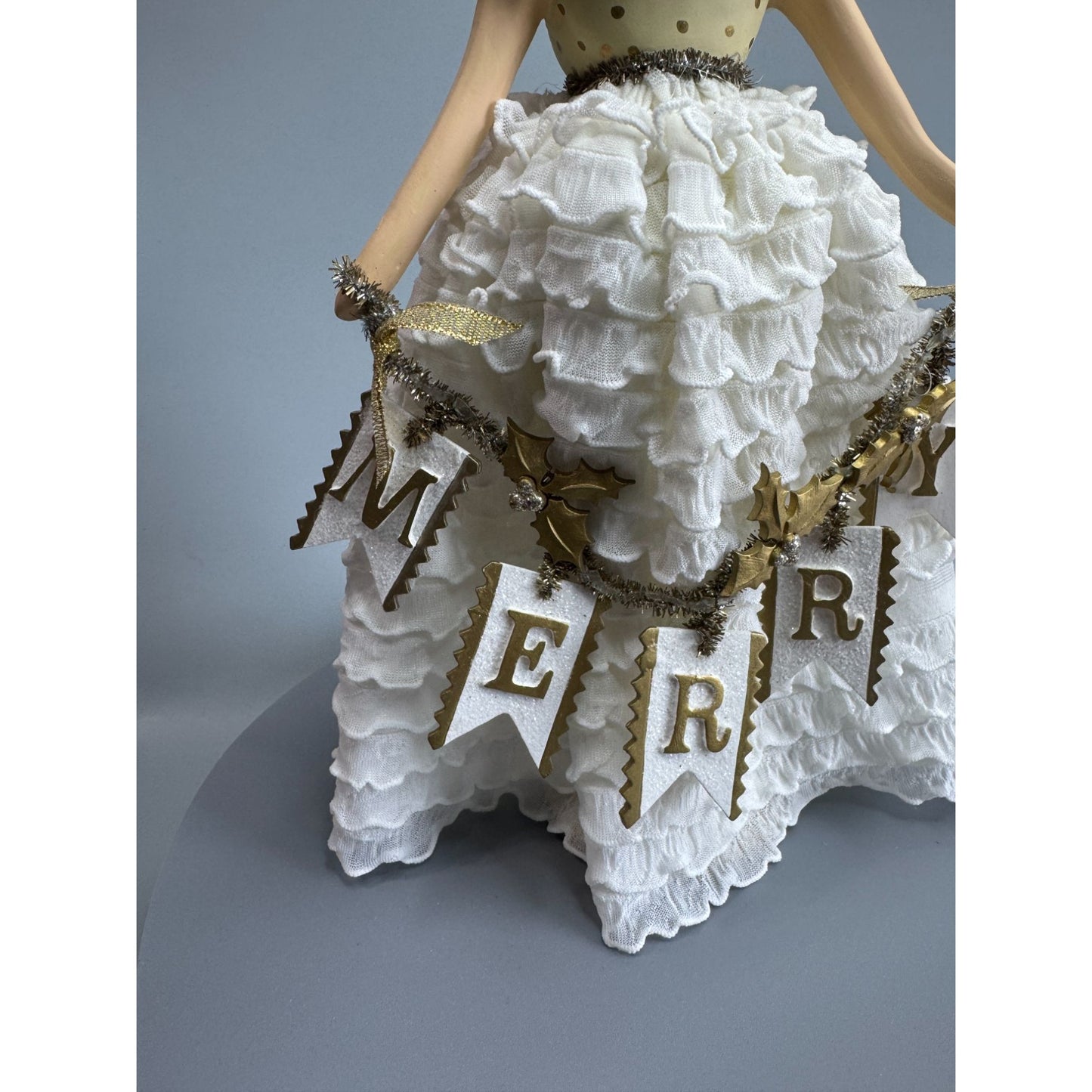 Heather Myers Christmas Queen Doll Merry Banner White Ruffle Dress 11.5" Signed