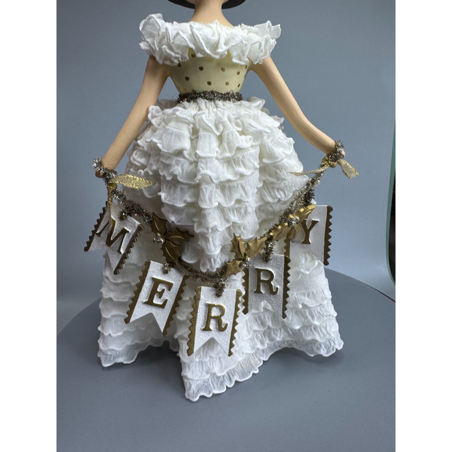 Heather Myers Christmas Queen Doll Merry Banner White Ruffle Dress 11.5" Signed